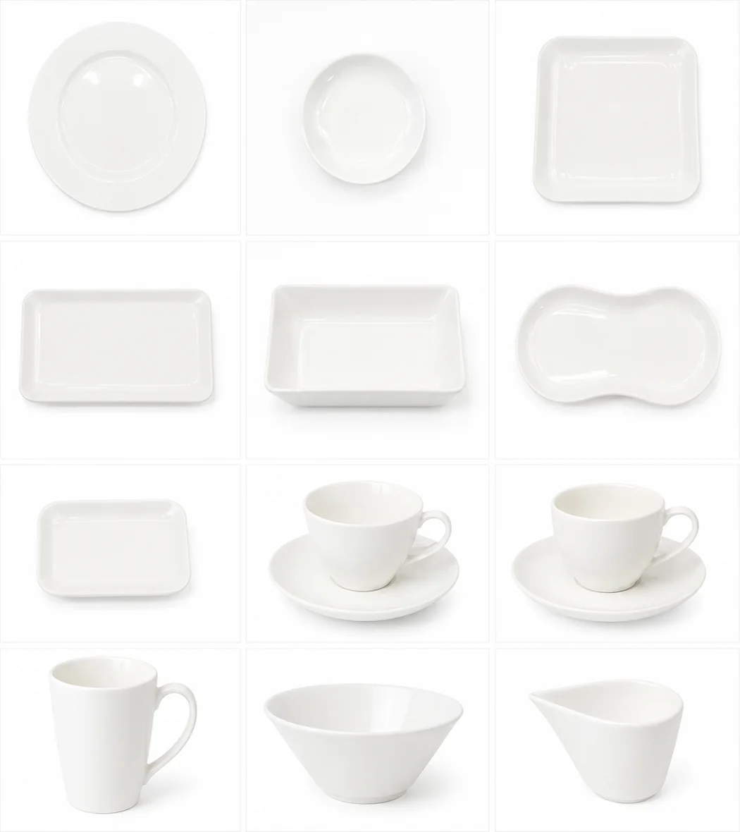 Airline chinaware product range on white background